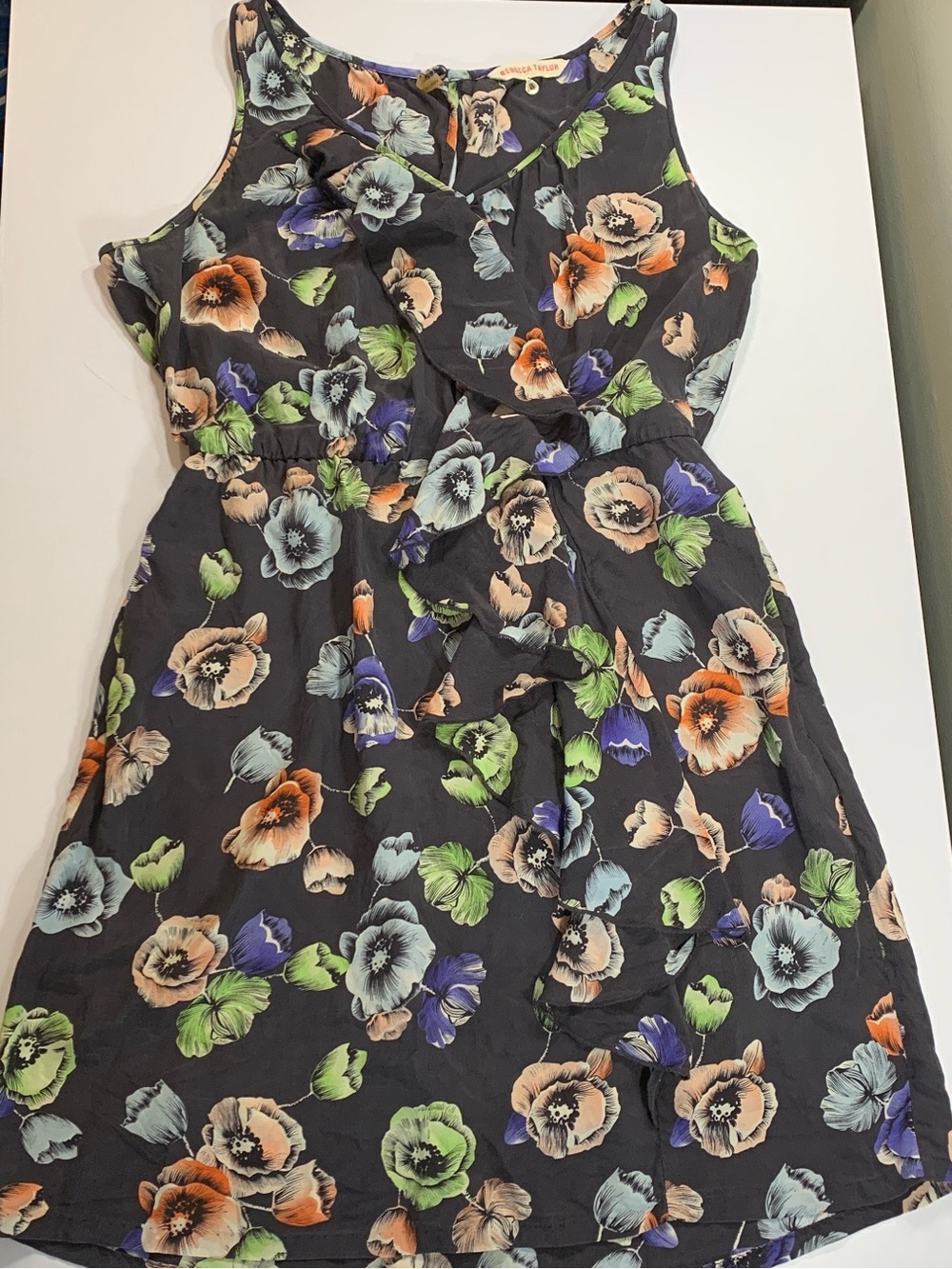 Rebecca Taylor Silk Dress 6 Grey Floral Sleeveless V-neck Asymmetrical Ruffle